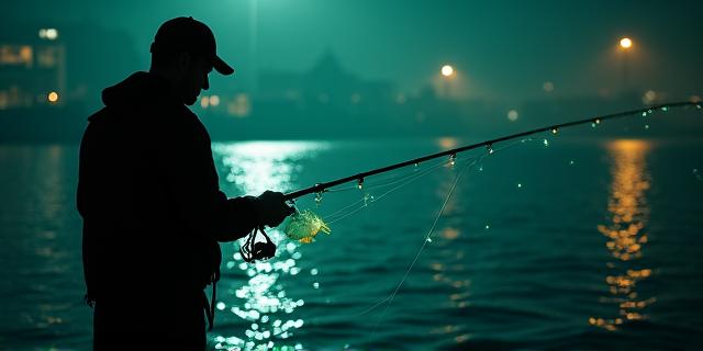 夜の川でシャドールアーを使う釣り人